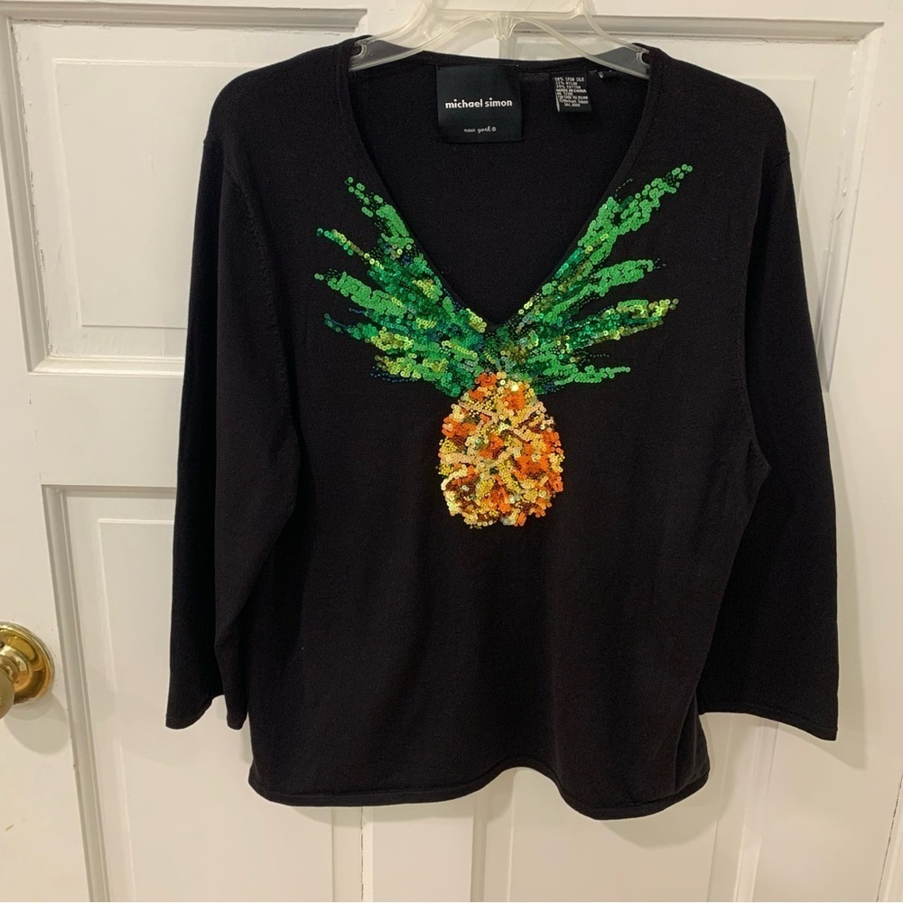 Michael‎ Simon Beaded Sequined Pineapple Silk Cotton Blend Sweater 2002 Sz XL